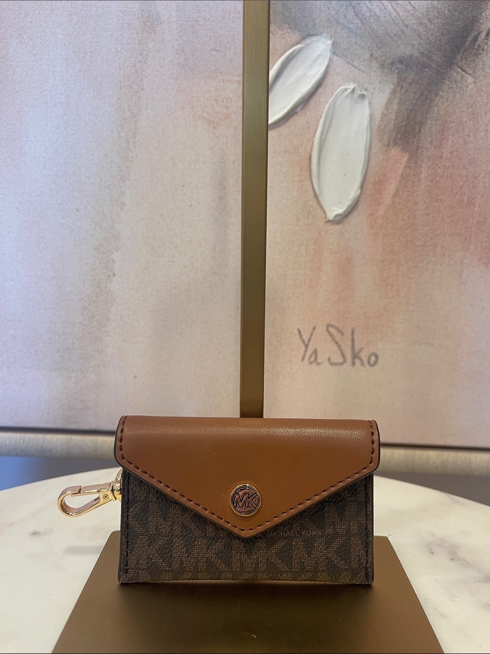 NWOT Michael Kors Brown and Dark Brown Logo Card Holder with Key Clip